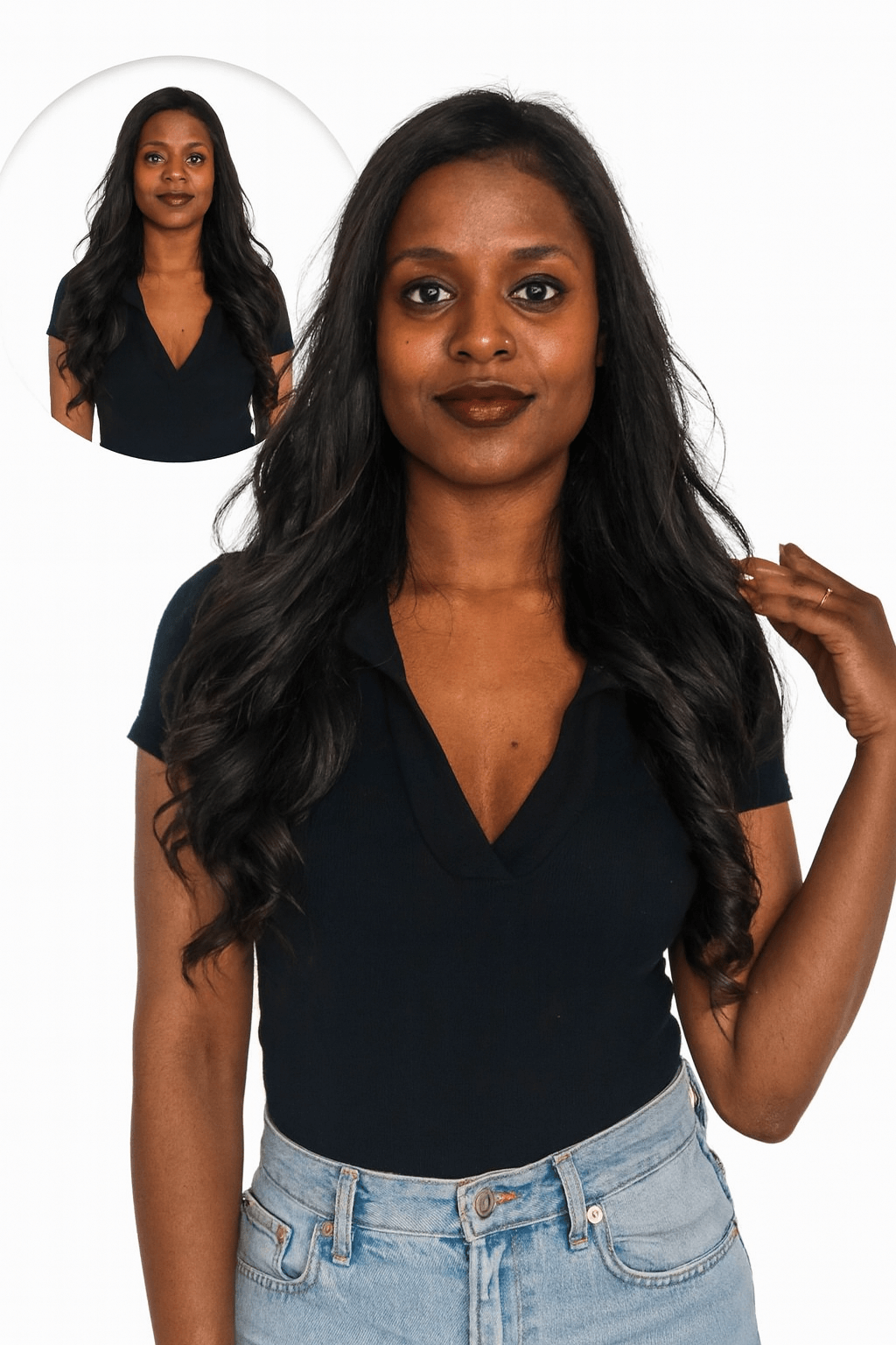 Lady Wearing Raw Indian Hair Clip in set from front