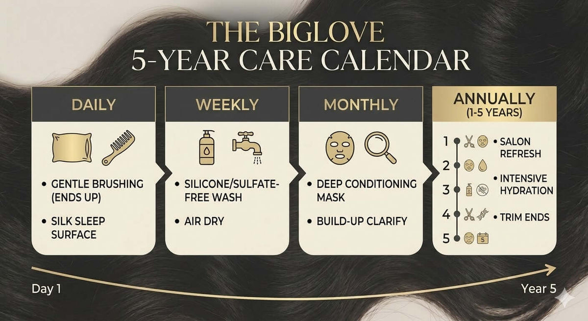 Elegant gold and charcoal infographic calendar matrix titled 'THE BIGLOVE 5-YEAR CARE CALENDAR', summarizing daily, weekly, monthly, and annual maintenance routines for raw Indian hair extensions against a background of wavy dark bundles.