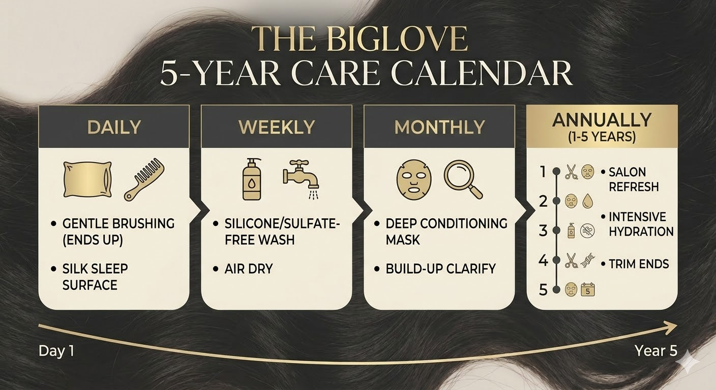 Elegant gold and charcoal infographic calendar matrix titled 'THE BIGLOVE 5-YEAR CARE CALENDAR', summarizing daily, weekly, monthly, and annual maintenance routines for raw Indian hair extensions against a background of wavy dark bundles.