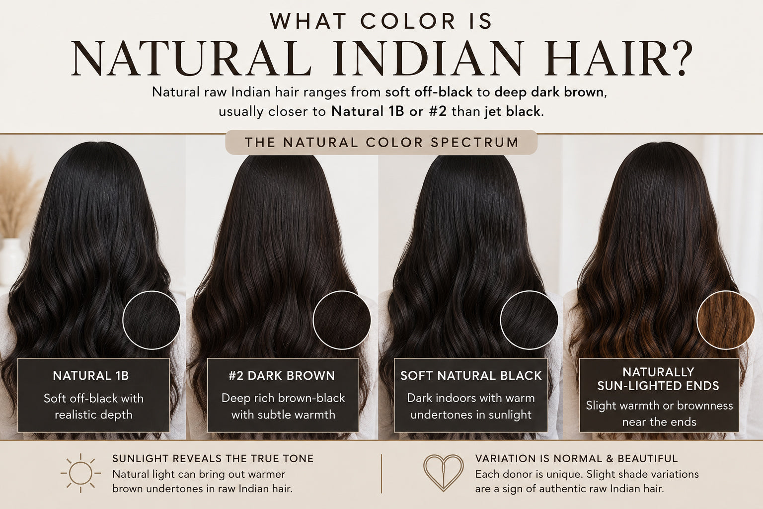 Three real raw Indian hair bundles displayed side-by-side to show the natural color variations from dark brown to off-black typical of single-donor hair.