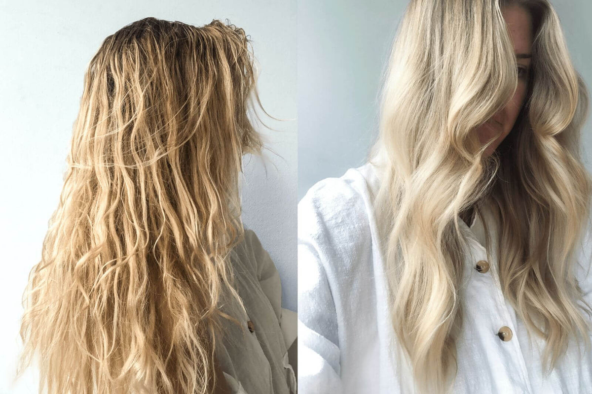 A bleach test comparison showing raw Indian hair reaching level 10 blonde while processed virgin hair shows damage.