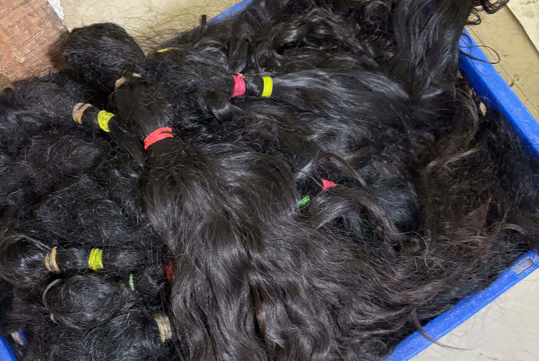 Close-up of raw Indian hair in its natural untreated state, showing authentic texture, density, and cuticle integrity.