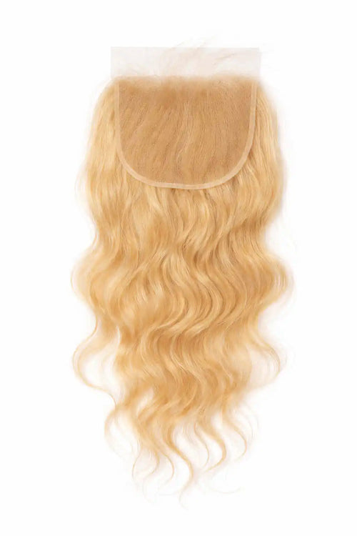 BigLove 613 blonde wavy raw Indian hair closure featuring ultra-thin HD transparent lace and 100% unprocessed single-donor hair, ethically sourced from South Indian temples for a seamless, natural finish.