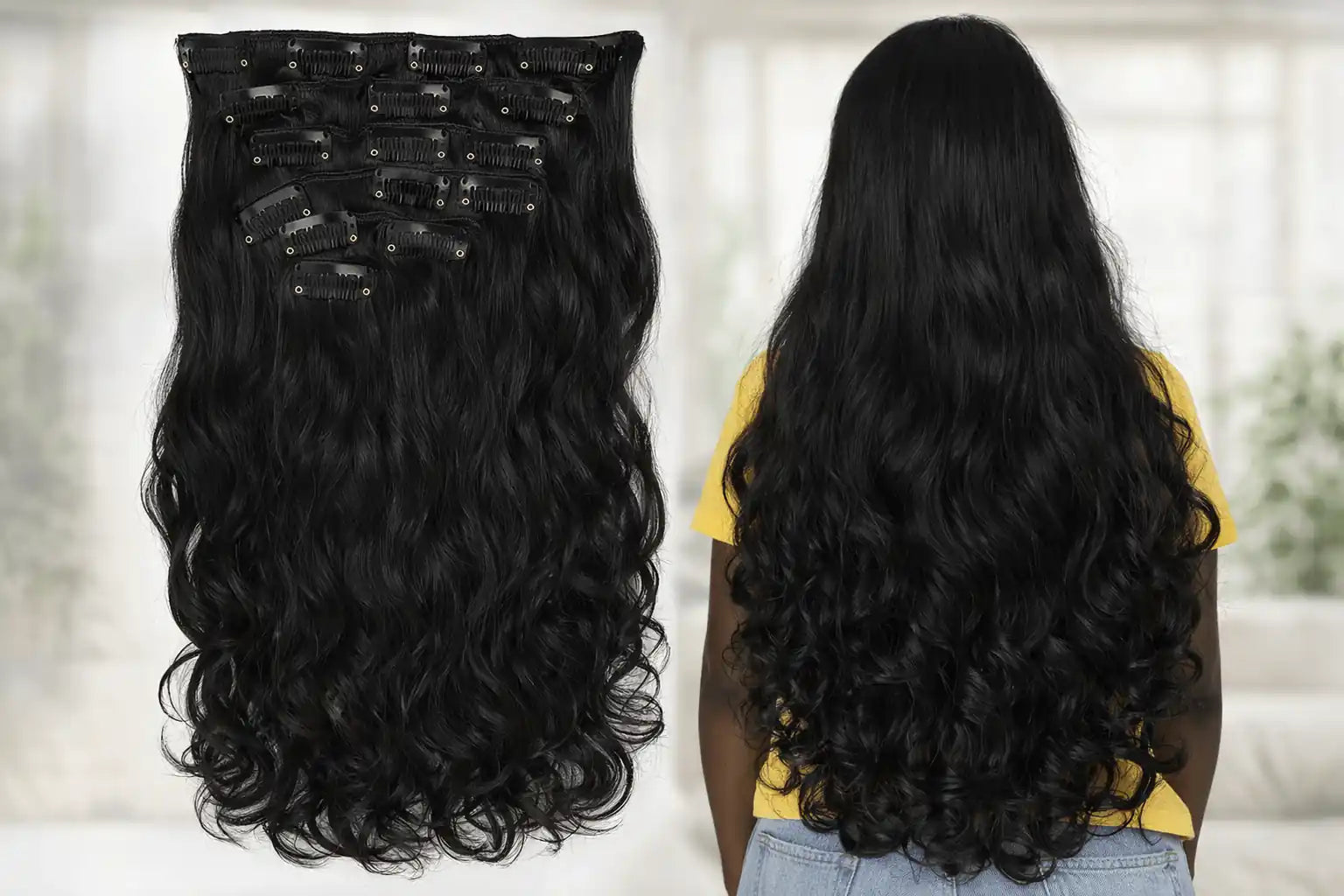 Temple Sourced Curly Indian Hair Clip-ins: Model showcasing the natural volume and seamless blend of ethically sourced, single-donor curly hair extensions.