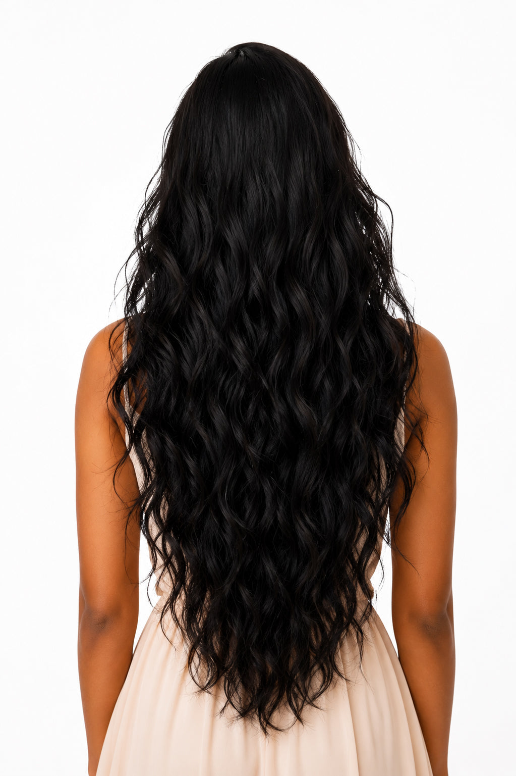 rear view of a model wearing 3 bundles of Biglove's Wavy raw Indian hair