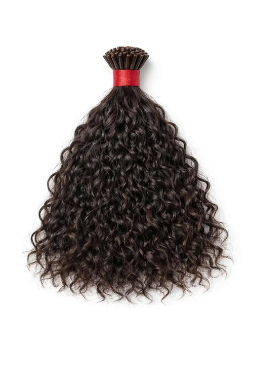 BigLove Curly Raw Indian Keratin I-tip extensions featuring 100% unprocessed single-donor hair with durable, high-quality Italian keratin bonds for professional installs.