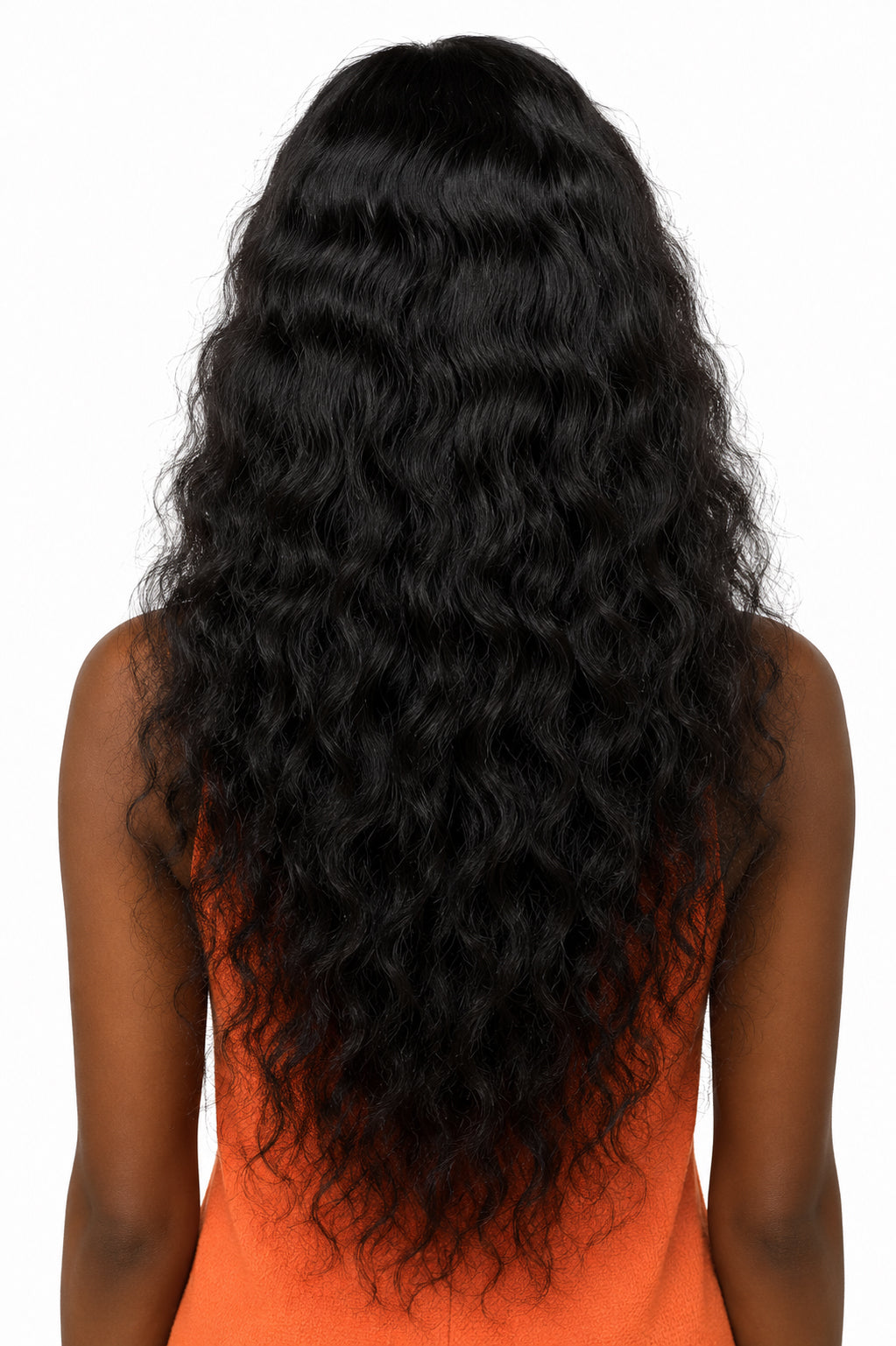 Rear profile view of a model showcasing a long lasting raw curly hair install with a naturally textured, voluminous natural pattern