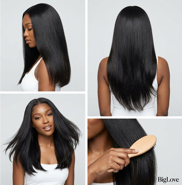 A model in a high-fashion pose wearing a full install of Straight Raw Indian Hair Bundles, emphasizing the luxury volume and authentic natural black color.