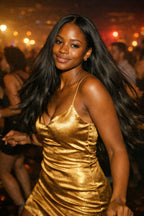 A model dancing in a vibrant nightclub wearing and elegant golden dress and straight raw Indian hair bundles, showcasing the hair's natural movement and high-shine luster under dynamic party lights.