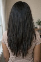 A model in a high-fashion pose wearing a full install of Straight Raw Indian Hair Bundles, emphasizing the luxury volume and authentic natural black color.