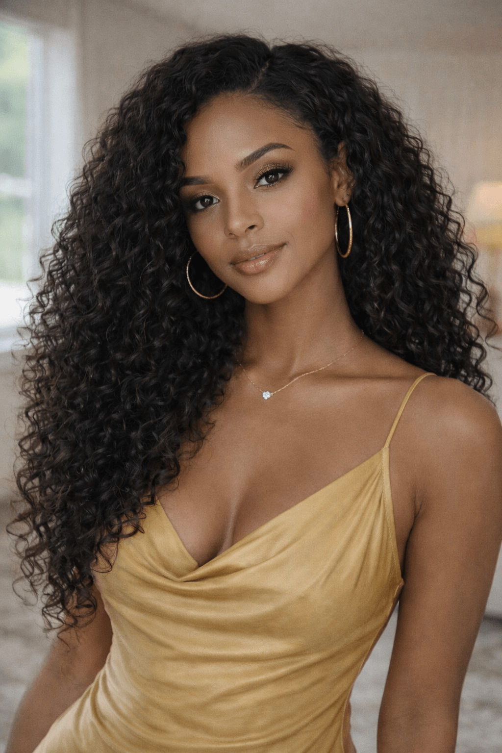 Professional model showcasing a full head of BigLove raw curly Indian hair extensions with natural volume and seamless blending.