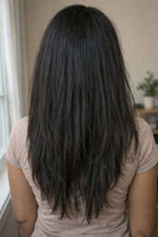A model in a high-fashion pose wearing a full install of Straight Raw Indian Hair Bundles, emphasizing the luxury volume and authentic natural black color.