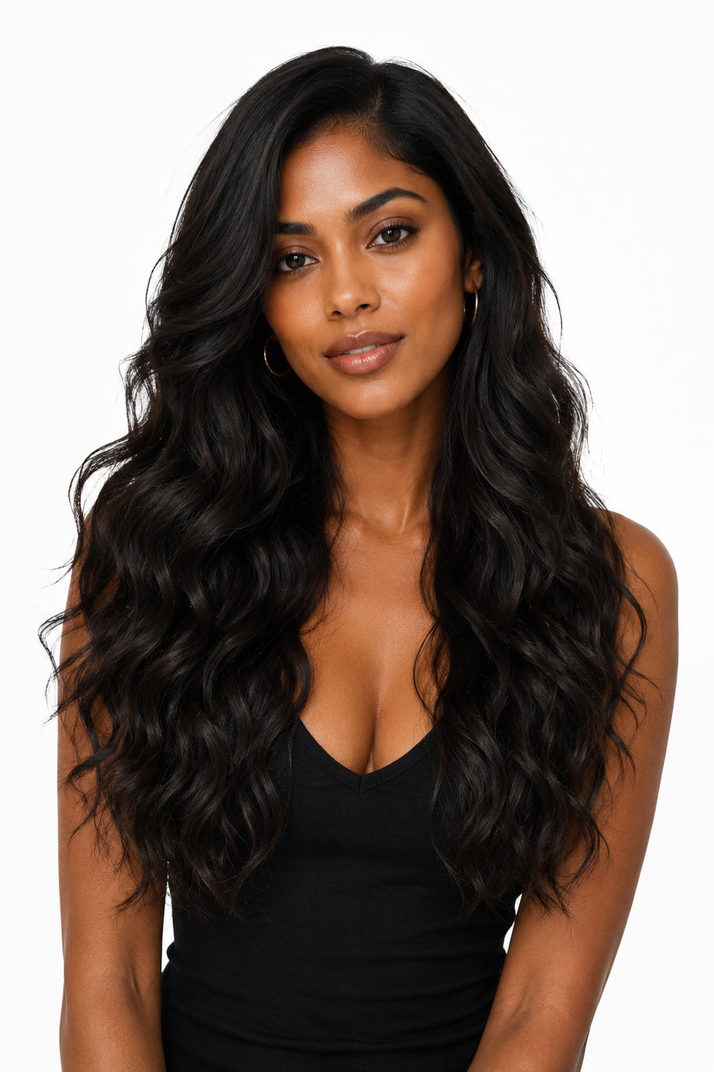 : Model wearing a trendy half-up, half-down style with authentic raw Indian wavy hair, available for retail and wholesale purchase in the USA.