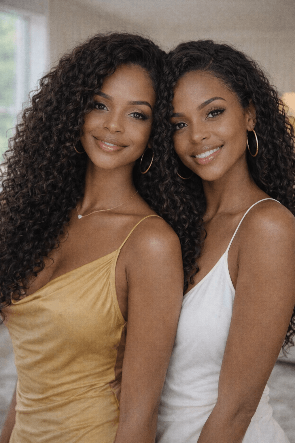 Lifestyle portrait of two models wearing raw Indian curly hair extensions styled naturally for daily wear, highlighting minimal frizz and authentic texture.
