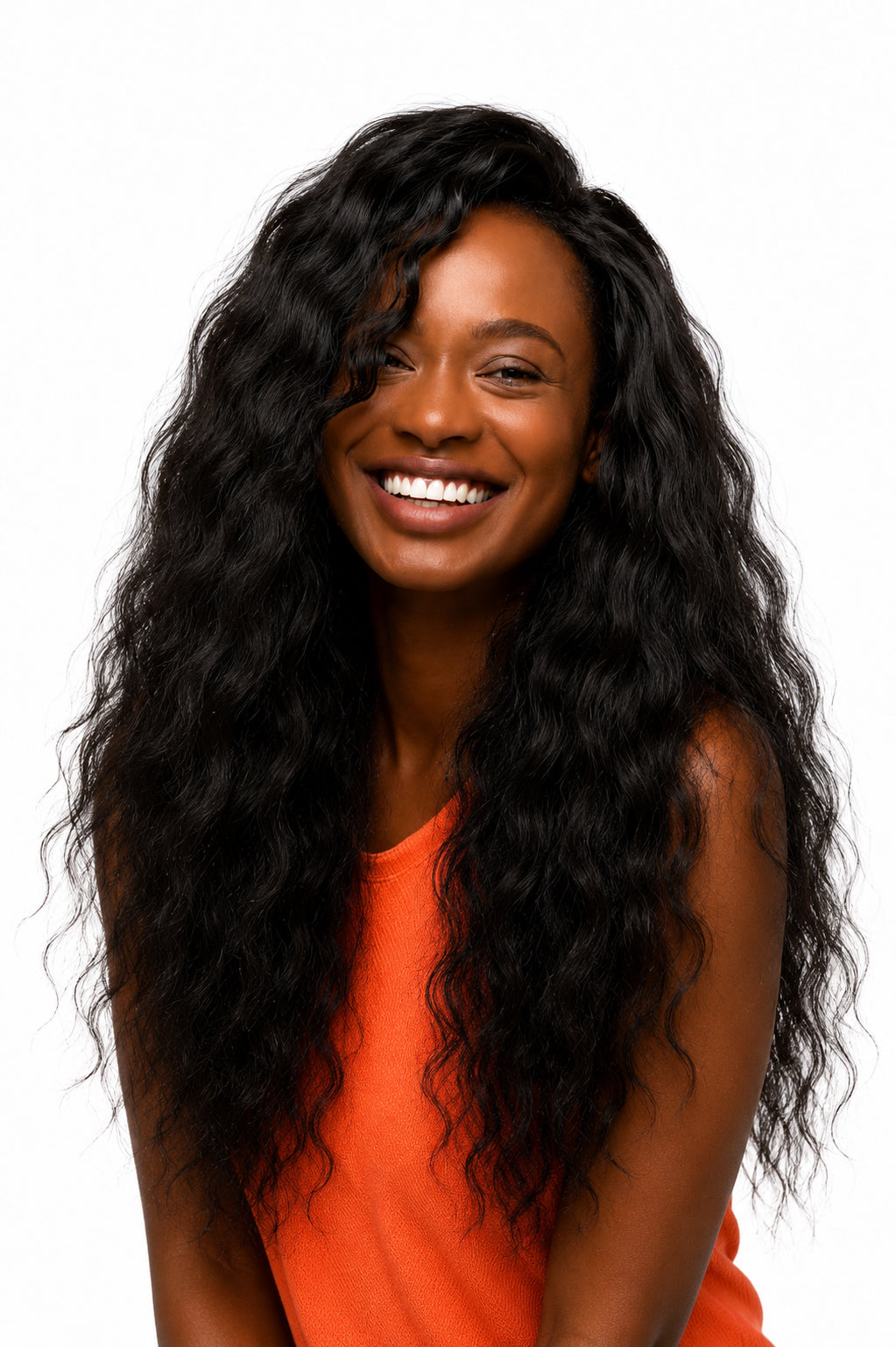 Beautiful model wearing a full install of premium raw Indian curly hair extensions from BigLove, showcasing incredible volume and bounce.