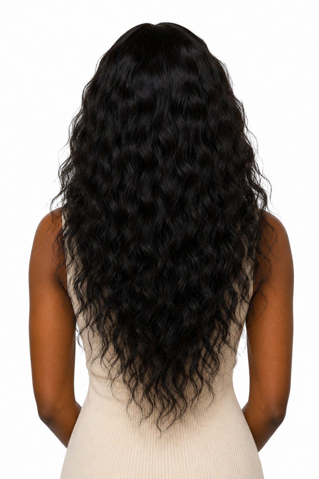rear view of a loose curly textured raw Indian hair install, showcasing the 24 inches length of natural curly hair extensions against a models back .