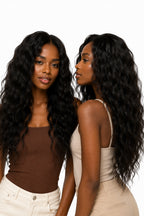 Two ladies shopping Raw Indian Curly hair extensions