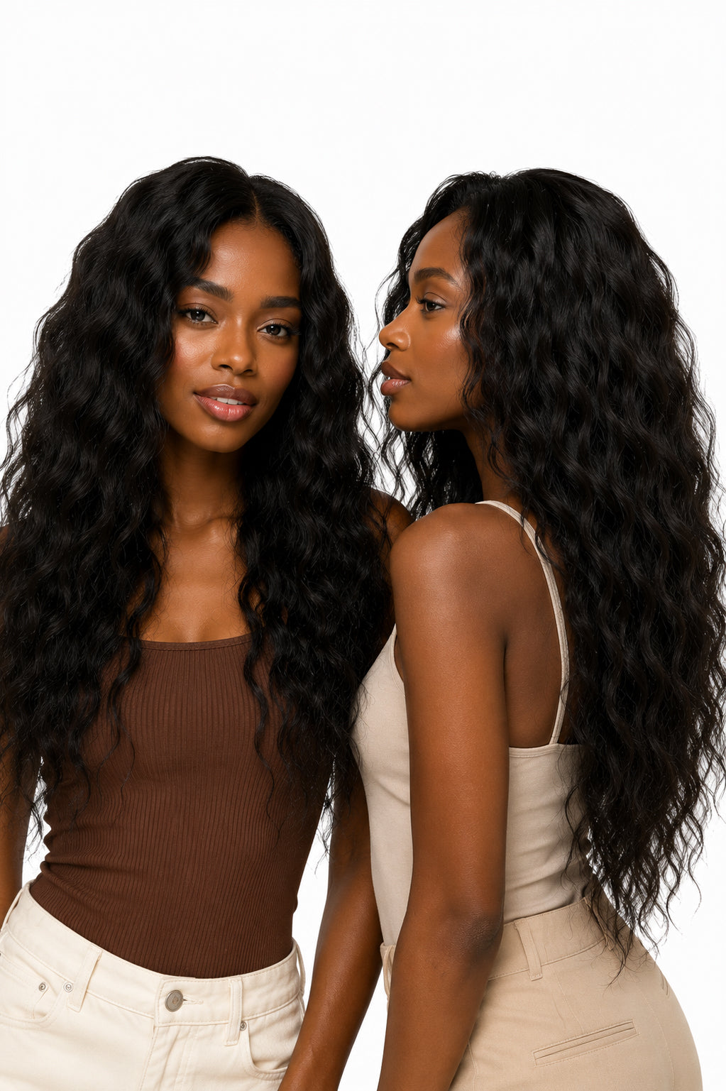 Two ladies shopping Raw Indian Curly hair extensions