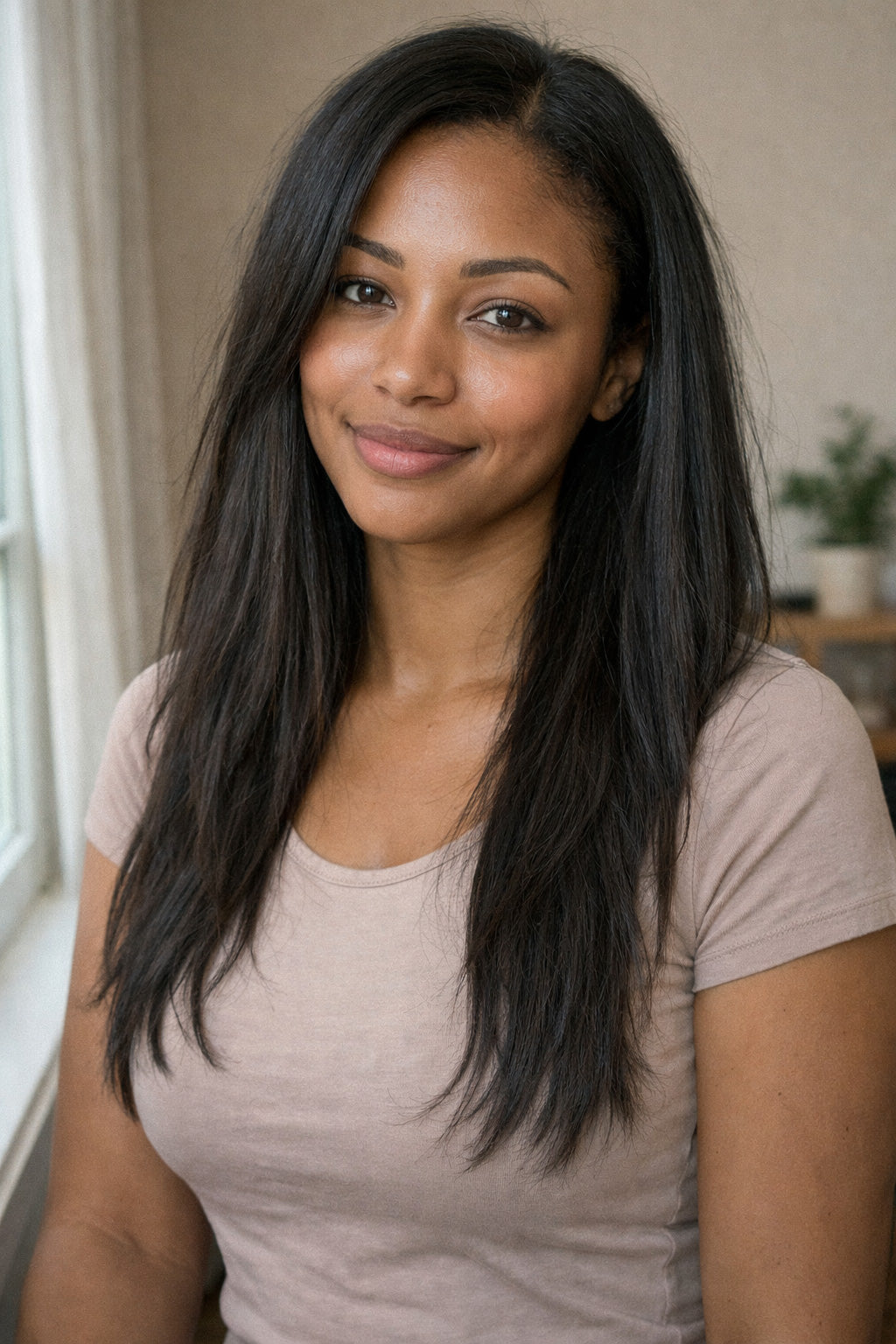 A close-up of a model's face framed by straight raw Indian hair, focusing on the lustrous natural black color and high-definition finish of the strands.