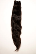 Straight Raw Indian Hair Bundles in Natural Black, showcasing the sleek, unprocessed texture and uniform density from top to bottom. The hair is wefted and the bundles weigh 100 grams