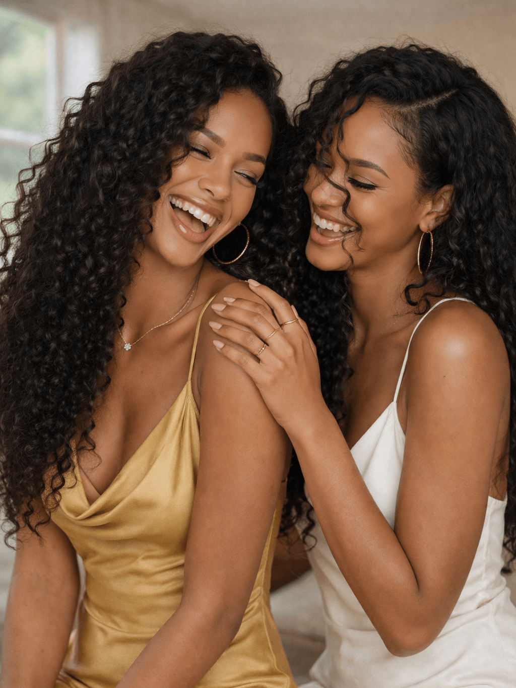 Two models with high-volume, defined raw Indian curly hair extensions, demonstrating the glamour and bounce of premium, unprocessed hair.
