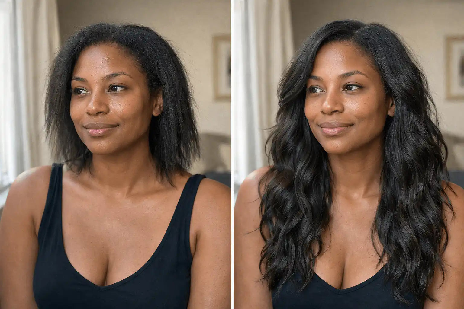 Side-by-side comparison showing a model’s transformation before and after installing BigLove Wavy Raw Indian Hair Clip-ins for natural length and volume. These extensions feature 100% raw single-donor Indian hair ethically sourced from South Indian temples